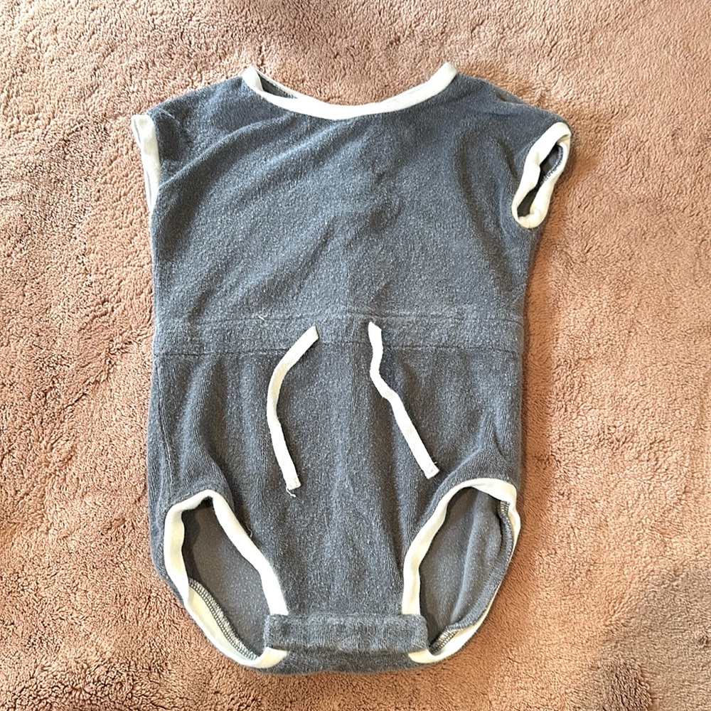 Quincy Mae dusty blue/gray terry romper. 6-12 months.